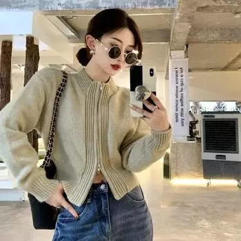Корейский кардиган, осенне-зимний свободный свитер с воротником-стойкой и молнией, повседневный однотонный вязаный свитер с длинными рукавами, женский