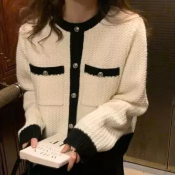 Корейский кардиган, свитер, осенний стиль, базовое пальто, маленькое ароматное пальто с длинными рукавами и круглым вырезом, вязаный кардиган, свитер, женский топ One Size чёрный