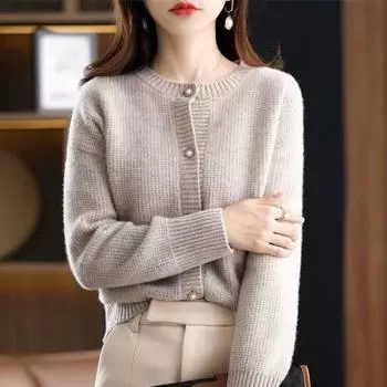 Корейский кардиган, универсальное короткое пальто с круглым вырезом, весна-осень 2022, однотонный повседневный вязаный кардиган с длинными рукавами, свитер для женщин One Size бежевый