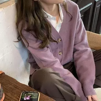 Корейский кардиган женский шикарный ранний осенний возрастной свитер с v-образным вырезом и длинными рукавами кардиган однобортный свитер женский топ One Size чёрный