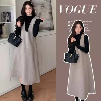 Корейский комплект из двух частей для беременных: Шерстяной комбинезон, юбка и свитер на осень/зиму XL