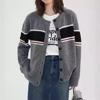 Корейский контрастный полосатый вязаный кардиган осень и зима новый свободный и универсальный ленивый стиль свитер с круглым вырезом женское пальто прилив one size fits all серый