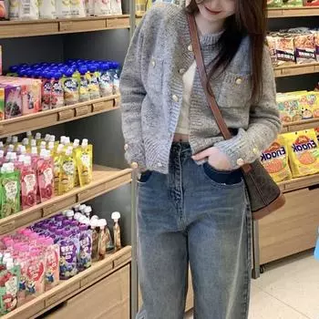 Корейский короткий серый вязаный кардиган женский осенний новый Xiaoxiangfeng круглый вырез короткий свитер женское пальто one size fits all серый