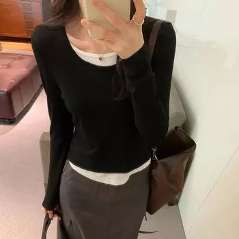 Корейский круглый вырез, черно-белый, подходящий по цвету, с длинными рукавами, имитация двухкомпонентного топа для женщин, осень-зима, новинка, облегающая футболка в западном стиле S