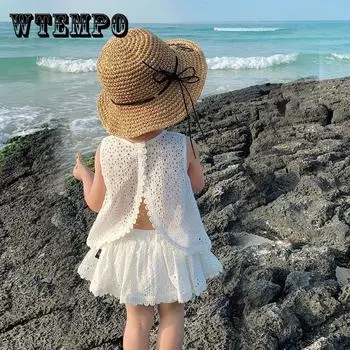 Корейский кружевной комплект Xia Yangqi для девочек, детская одежда, детская повседневная рубашка без рукавов, шорты, комплект из двух предметов 130 белый