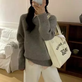 Корейский ленивый стиль круглый вырез простой свитер женский осень и зима новый однотонный пуловер дизайн смысл женский вязаный топ для женщин one size fits all серый