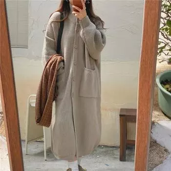 Корейский ленивый стиль осень и зима водолазка женский однобортный однотонный длинный рукав вязаный кардиган пальто средней и длинной длины для женщин S серый