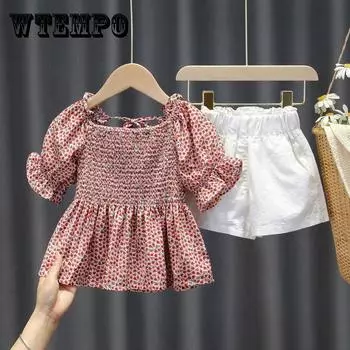 Корейский летний комплект одежды для девочек, новые топы + шорты, детская одежда, наряды 130