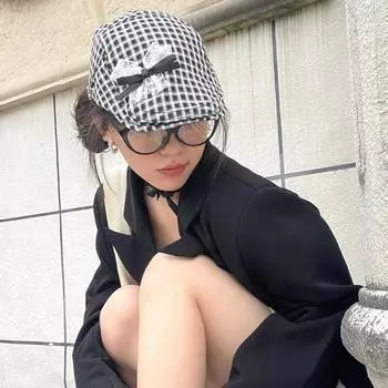 Корейский милый бант черный клетчатый с лицом маленькая ретро шляпа вперед дети нишевая шляпа художника шляпа газетчика женская M56-58cm