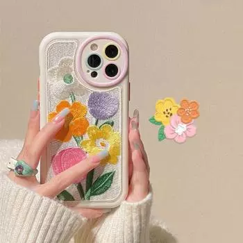Корейский милый чехол для телефона с вышивкой «Тюльпаны» для Iphone 14 13 12 11 Pro Max 14 Pro, милый белый мягкий противоударный силиконовый чехол For iPhone 12Pro Max