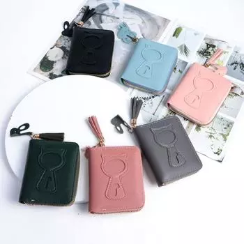 Корейский милый кошелек с принтом кота, женский короткий кошелек, сумка для карт на молнии, клатч, портмоне, держатель для кредитных карт с подвеской-кисточкой