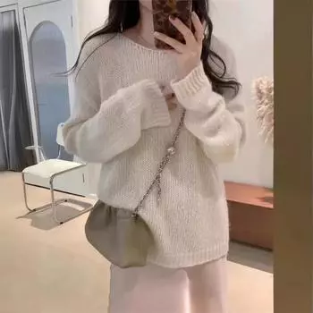 Корейский минималистский ленивый стиль весна-осень круглый вырез однотонный мохеровый вязаный женский топ свободный повседневный универсальный свитер One size розовый