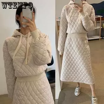 Корейский модный осенне-зимний хлопковый костюм с капюшоном, тонкий и хлопковая юбка трапециевидной формы с высокой талией, утепленный теплый хлопковый костюм-двойка XXL