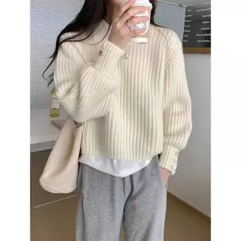 Корейский модный свободный свитер, вязаный свитер, новый модный повседневный топ с круглым вырезом и длинным рукавом на пуговицах, женская однотонная простая одежда 2592 One Size абрикосовый