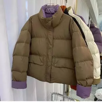 Корейский молочный чай контрастных цветов прямой стоячий воротник пуховик женский короткий 2024 зима новый белый утиный пуховый хлеб куртка S оранжевый