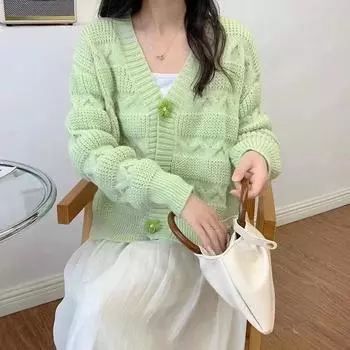 Корейский небольшой свежий свитер, женская свободная верхняя одежда, весна и осень 2024, новый мягкий трикотажный кардиган с v-образным вырезом, уменьшающий возраст, женская одежда One size