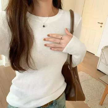 Корейский нежный стиль свитер с круглым вырезом для женщин осень новый стиль стройнящий темперамент длинный рукав топ низ рубашка S