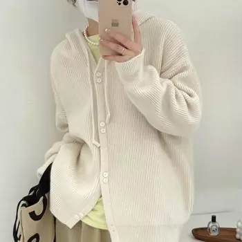 Корейский однобортный вязаный свитер с капюшоном, женский осенний однобортный вязаный кардиган с мягкой текстурой и длинными рукавами