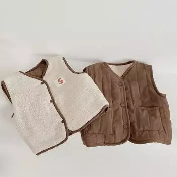 Корейский осенне-зимний детский двусторонний жилет с хлопковой подкладкой для мальчиков и девочек, безрукавка, жилет, пальто, верхняя одежда для детей 90