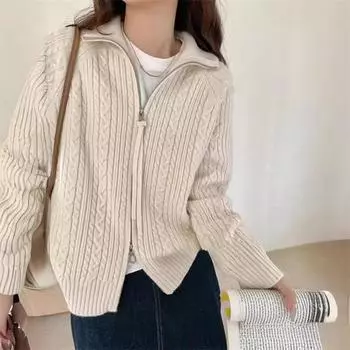 Корейский осенне-зимний новый двусторонний вязаный кардиган с застежкой-молнией в стиле ретро, легкий ветер, модный свободный свитер для женщин one size fits all