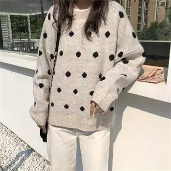 Корейский осенне-зимний новый свитер женский ретро горошек в стиле колледжа универсальный круглый вырез трикотажная нижняя часть рубашки топ прилив average size (90-70 kg) абрикосовый