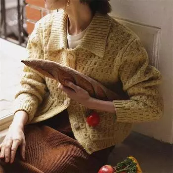 Корейский осенне-зимний вязаный крючком ретро короткий вязаный свитер с лацканами и пуговицами повседневный ленивый ветер длинный рукав свитер женское пальто one size fits all розовый