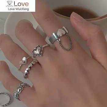 Корейский панк-набор колец в форме сердца с любовью, 5 шт., индивидуальность, темперамент, циркон, серебряный цвет, геометрические кольца для женщин, модные готические украшения
