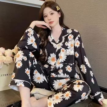 Корейский пижамный костюм из ледяного шелка для женщин, весна-осень, милая принцесса, домашняя одежда, комплекты с длинными рукавами, тонкая новая пижама для девочек M