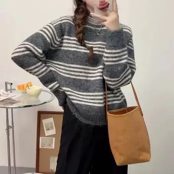 Корейский полосатый свитер контрастного цвета женский свободный ленивый стиль осень и зима новый простой ретро вязаный топ с круглым вырезом One size красный