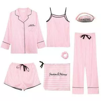 «Корейский полосатый женский пижамный комплект из семи предметов на все времена года» XL (120-135 Jin)