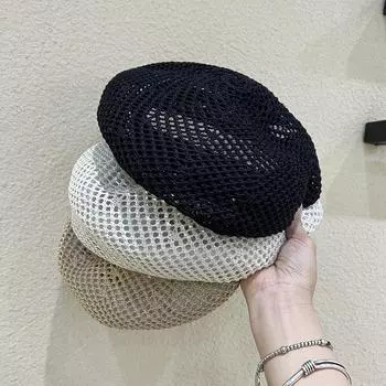 Корейский полый нишевый черный берет детский сетчатый купол универсальный лицо маленький художник шляпа бутон шляпа M56-58cm чёрный