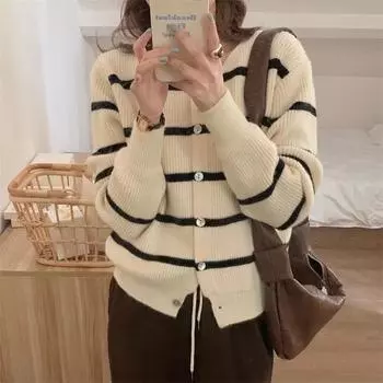 Корейский простой контрастный полосатый свитер с круглым вырезом, женская куртка на осень и зиму, новый свободный ленивый стиль, мягкий вощеный вязаный кардиган one size fits all