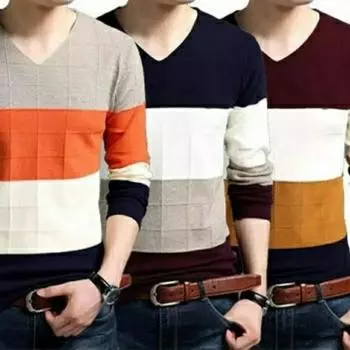 Корейский простой повседневный мужской свитер с длинными рукавами и v-образным вырезом, цветных блоков, жаккардовый универсальный модный свободный осенне-зимний новый вязаный пуловер L бежевый