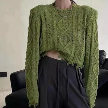 Корейский пуловер, дизайн, ощущение сломанного края, короткий свитер, пуловер с круглым вырезом и длинными рукавами, тонкий шикарный пуловер, свитер, топ One Size зелёный