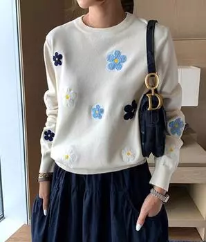 Корейский пуловер с цветочной вышивкой, свитер, женские элегантные вязаные топы с круглым вырезом One Size чёрный