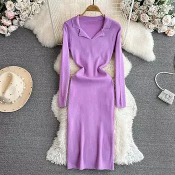 Корейский Ретро Стиль Пуловер Платье-Свитер Женская Мода Однотонный Отложной Воротник С Длинным Рукавом Slim Fit Осень Зима Трикотажное Платье One Size чёрный