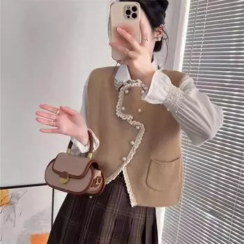 Корейский ретро-стиль с небольшим ароматом, жилет с кружевной кромкой, вязаный кардиган для женщин 2024 года, новый повседневный дизайн, свитер one size fits all