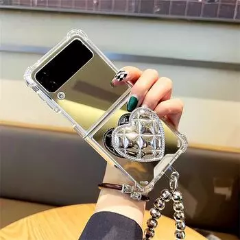 Корейский роскошный зеркальный чехол с кронштейном в форме ромба и серебряной цепочкой из бисера для Samsung Galaxy Z Flip 3 5g Z Flip3 Zflip3 Cover for Z Flip 3