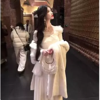 Корейский с полным комплектом зимней одежды, темперамент знаменитости, накидка, пальто, платье с кружевом «рыбий хвост», комплект из двух предметов S