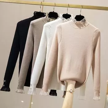 Корейский сетчатый свитер с плетением, пуловеры с длинным рукавом, эластичные белые топы, женская осенне-зимняя одежда, тонкий трикотажный мягкий джемпер с пуговицами, полуводолазка one size абрикосовый