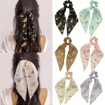 Корейский шифоновый шарф с лентой для волос и перьями, винтажный простой галстук-петля для волос, эластичная повязка для волос для женщин и девочек, аксессуары для волос, повязки на голову