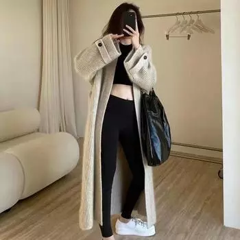 Корейский шик французский стиль V-образный вырез мягкий восковой приятный для кожи вязаный кардиган свободный свитер длиной до колена куртка женская one size fits all хаки