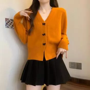 Корейский шик маленький ароматный стиль темперамент бант пуговицы вязаный кардиган женский универсальный и тонкий свитер куртка женская модная тенденция one size fits all оранжевый