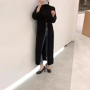 Корейский шик Свитер крупной вязки с высоким воротом свободного кроя до колена, стройнящий, для женщин - Осень/Зима Нишевый дизайн Large чёрный