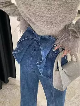 Корейский шик весна ретро личность сзади талия трехмерный бант дизайн Sense высокая талия универсальные джинсовые брюки для женщин S синий