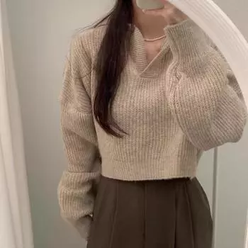 Корейский шикарный осенне-зимний полуоткрытый ворот свободный повседневный однотонный милый топ для девочек универсальный вязаный свитер с рукавами-фонариками для женщин 30988 One Size серый