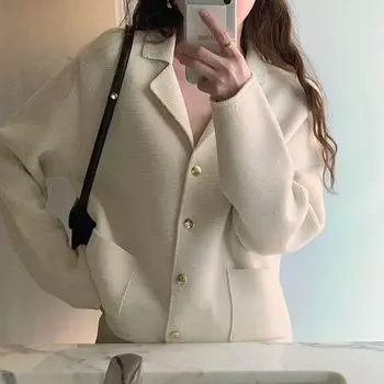 Корейский шикарный осенний свитер, кардиган с воротником, однобортный, свободный, с карманами, маленький вязаный свитер с длинными рукавами, женские топы One Size бежевый