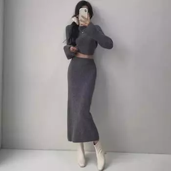Корейский шикарный свитер с открытыми плечами и юбка-рыбий хвост, комплект из двух предметов для осени/зимы для женщин One Size серый