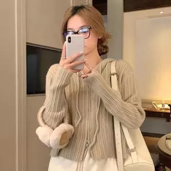 Корейский шикарный уникальный вязаный кардиган с двойной молнией и капюшоном, женский весенне-осенний короткий свитер, кардиган, пальто, женский топ One Size бежевый