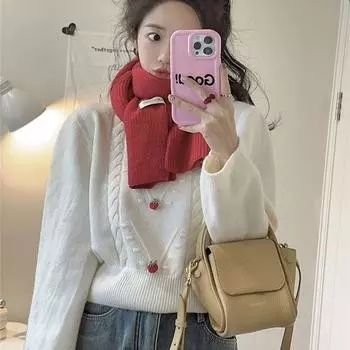 Корейский сладкий маленький клубничный пуловер с круглым вырезом, свитер, рубашка на подкладке, женский вязаный свитер с короткими и длинными рукавами, женский пуловер